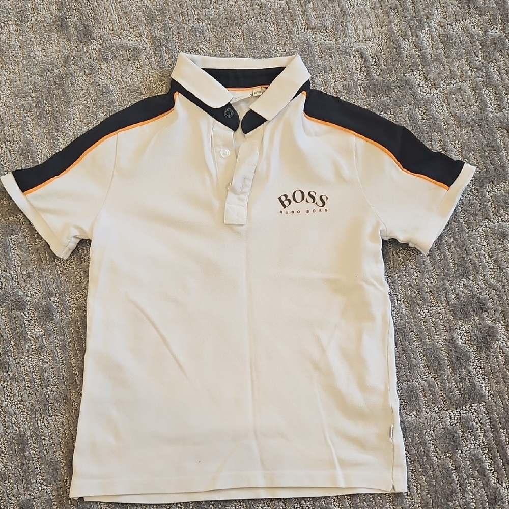 BOSS Kids White Polo Shirt with Black and Orange Accents